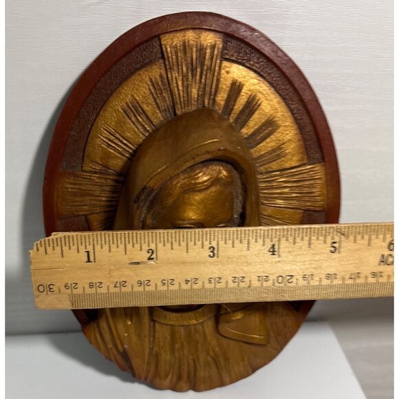 Vintage Mother Mary Gold Toned Carved Resin 3D Wall Plaque 7" - Picture 3 of 9